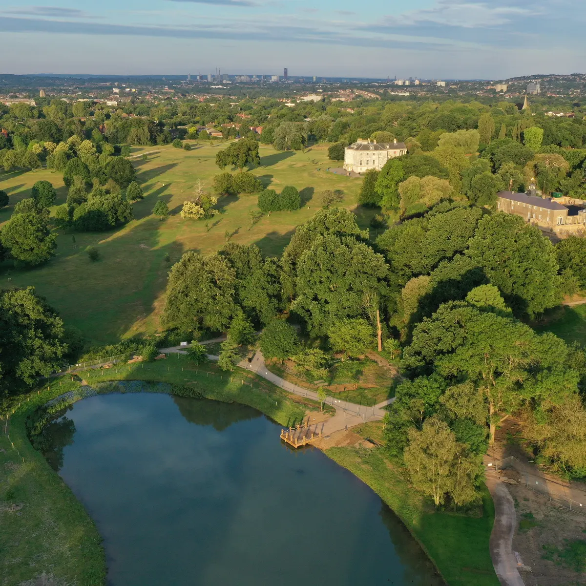 Aerial photo of Beckenham Place Park showing lake